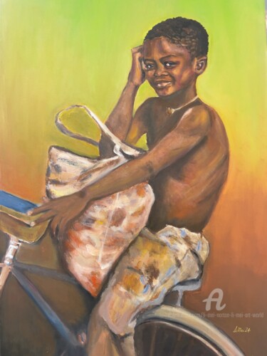 Pintura intitulada "The Boy and his Bike" por Li Mei Norton Li Mei Art World, Obras de arte originais, Óleo