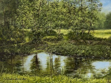 Bílina river, oil painting Schilderij getiteld "Bílina river, oil p…" door Nadezhda Gellmundova, Origineel Kunstwerk, Olie Gemonteerd op Andere stijve…