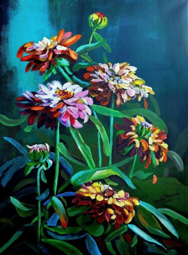 Painting titled "Kwiaty Cynie" by Teresa Kopańska, Original Artwork, Acrylic