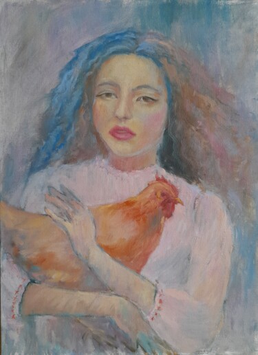 Girl with hen Peinture intitulée "Girl with hen" par Liudmyla Lelechenko, Œuvre d'art originale, Huile