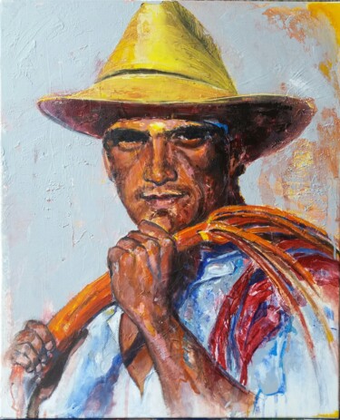 Pintura titulada "Bajo su sombrero" por Christine Morineau, Obra de arte original, Oleo