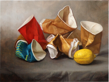 "Cups and lemon" başlıklı Tablo Andrey Balychev tarafından, Orijinal sanat, Petrol Ahşap Sedye çerçevesi üzerine monte edilm…