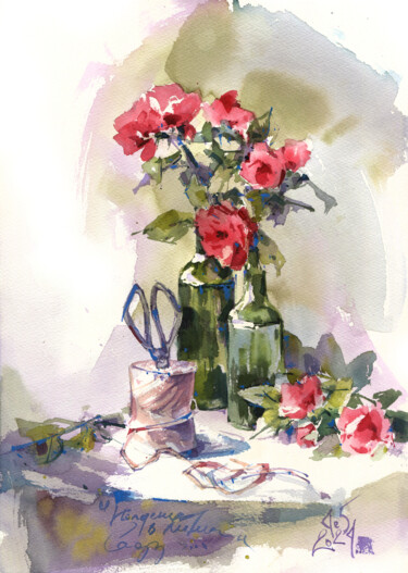 "Afternoon in a summer garden" still life with red roses 제목이 ""Afternoon in a sum…"인 미술작품 Ksenia Selianko로, 원작, 수채화