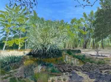 Painting titled "La petite mare de l…" by Marie France Saunard (Rêves et couleurs), Original Artwork, Oil Mounted on Wood St…