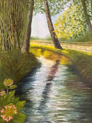 The stream in Monet's Garden, Giverny Schilderij getiteld "The stream in Monet…" door Elaine Mifsud, Origineel Kunstwerk, Olie Gemonteerd op Karton