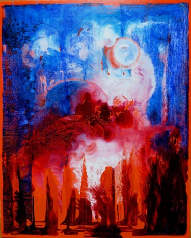 Robe lunaire _ paysage nocturne expressionniste et lyrique Peinture intitulée "Robe lunaire _ pays…" par Clau Redier-Clément, Œuvre d'art originale, Encre Monté sur Autre panneau rigi…