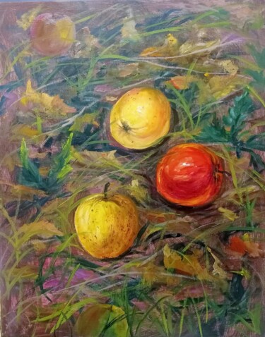 Pomme et kaki Diptyque peinture à l'huile Ζωγραφική με τίτλο "Pomme et kaki Dipty…" από Елена Рожко, Αυθεντικά έργα τέχνης, Λάδι Τοποθετήθηκε στο Ξύλινο φορείο σκελετό