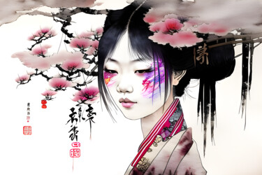 绘画 标题为“Гейша” 由Dmitriy T, 原创艺术品, 墨 安装在铝上