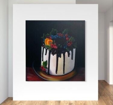 Chocolate Temptation: Fruit and Berry Cake. Peinture intitulée "Chocolate Temptatio…" par Lara Wasiljewa, Œuvre d'art originale, Huile
