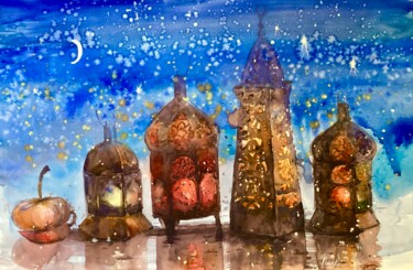 Painting titled "Arab lanterns" by Helene Manoli, Original Artwork, Watercolor