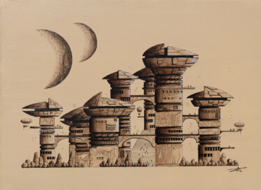 Painting titled "Monochropolis 5" by Pascal Genevois, Original Artwork, Acrylic Mounted on Wood Stretcher frame