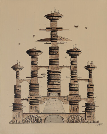 Painting titled "Monochropolis 6" by Pascal Genevois, Original Artwork, Acrylic Mounted on Wood Stretcher frame