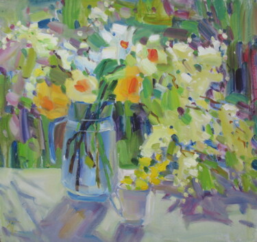 绘画 标题为“Daffodils and bird…” 由Anna Trachuk, 原创艺术品, 油 安装在木板上