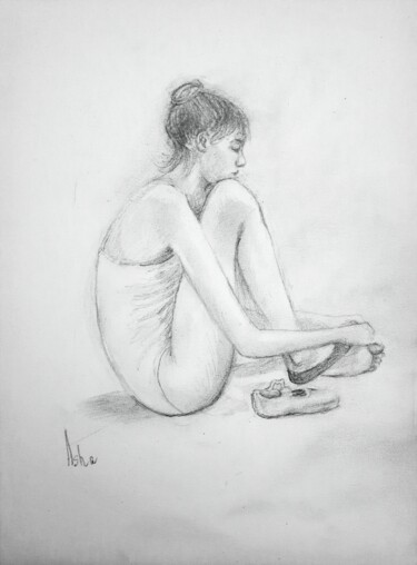 Ballerina relaxing, untying her pointe shoes Dibujo titulada "Ballerina relaxing,…" por Asha Sudhaker Shenoy, Obra de arte original, Lápiz
