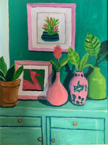 Peinture intitulée "Flamingo and Floras" par Barbara Friehs, Œuvre d'art originale, Acrylique Monté sur Châssis en bois
