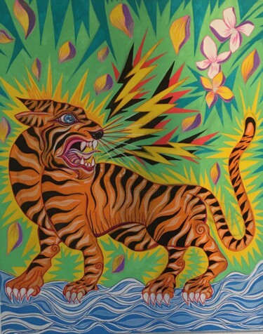 绘画 标题为“Tigre” 由Thom Max, 原创艺术品, 丙烯 安装在木质担架架上