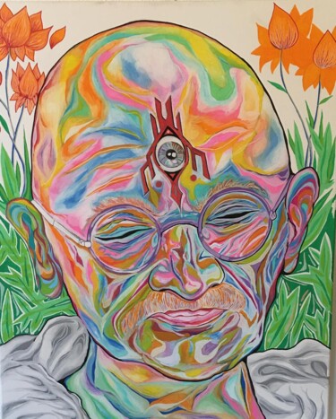 绘画 标题为“Gandhi” 由Thom Max, 原创艺术品, 丙烯 安装在木质担架架上