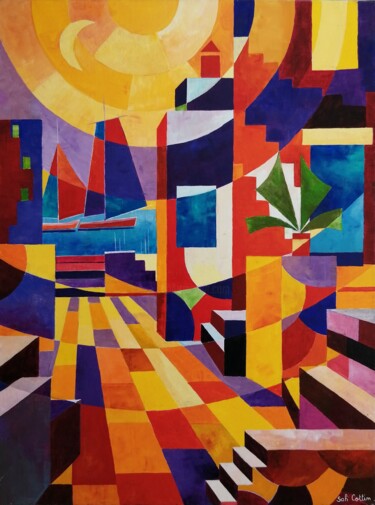 Schilderij getiteld "drôle de lune" door Sophie Cottin, Origineel Kunstwerk, Acryl Gemonteerd op Frame voor houten brancard