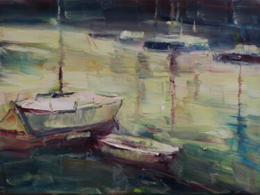 Peinture intitulée "Port fluvial XVI" par Marta Lipowska, Œuvre d'art originale, Huile Monté sur Châssis en bois