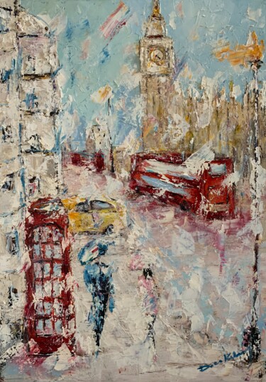 Pittura intitolato "Big Ben sotto la pi…" da Dora Kalinova, Opera d'arte originale, Olio Montato su Telaio per barella in le…