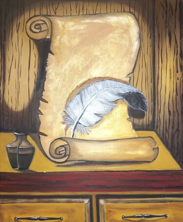 Peinture intitulée "Parchemin et sa plu…" par Nathalie Choury, Œuvre d'art originale, Huile Monté sur Châssis en bois