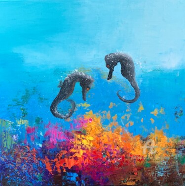 Long Snout Sea Horse in the Reef Peinture intitulée "Long Snout Sea Hors…" par Laure Bury, Œuvre d'art originale, Huile Monté sur Châssis en bois