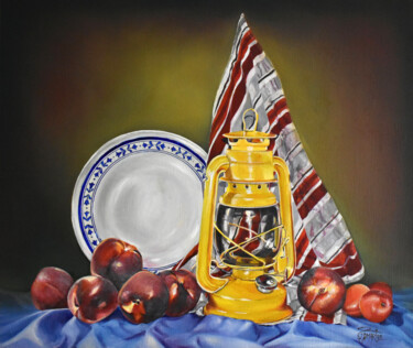 Peinture intitulée "Lampe à huile, pêch…" par Omari, Œuvre d'art originale, Huile Monté sur Châssis en bois