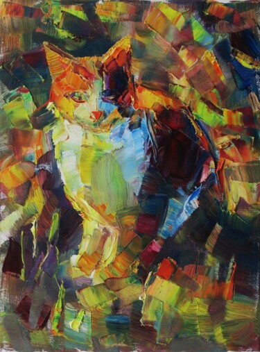 绘画 标题为“Chat coloré X” 由Marta Lipowska, 原创艺术品, 油 安装在木质担架架上