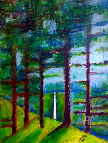 La foret prehistorique Perućica et la cascade"Sauterelle" Peinture intitulée "La foret prehistori…" par Slobodan Spasojevic (Spaki), Œuvre d'art originale, Pastel