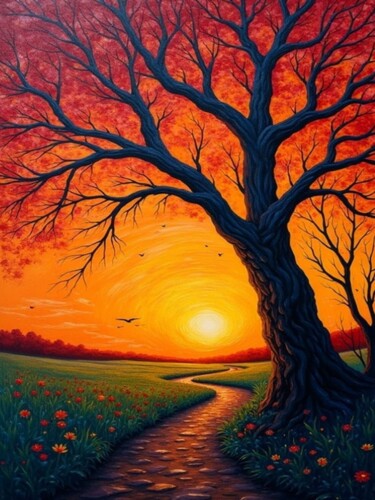 Digitale Kunst getiteld "Sunset through bran…" door Gush157, Origineel Kunstwerk, Digitaal Schilderwerk Gemonteerd op artwor…