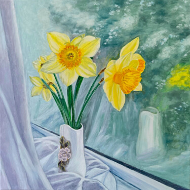 Twinkling on the window sill 제목이 "Twinkling on the wi…"인 미술작품 Livia Doina Stanciu로, 원작, 기름 나무 들것 프레임에 장착됨