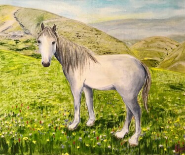 WHITE HORSE IN DAGESTAN | oil painting on canvas | original Painting titled "WHITE HORSE IN DAGE…" by Svetlana Shavrina, Original Artwork, Oil Mounted on Wood Stretcher frame
