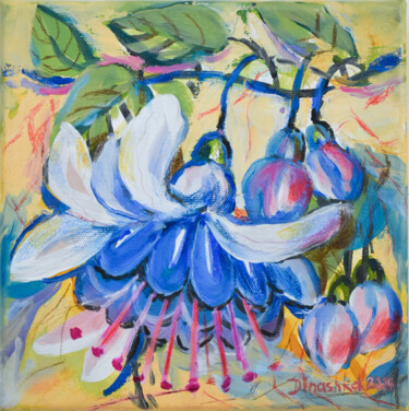 BAL DES FUCHSIAS BLEUS II Painting titled "BAL DES FUCHSIAS BL…" by Dina Shkarovska (Dinashka), Original Artwork, Oil Mounted on Wood Stretcher frame