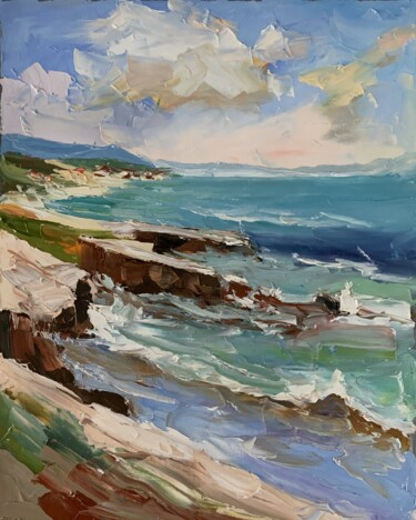Rocks by the ocean. Seascape oil painting Картина под названием "Rocks by the ocean.…" - Vita Schagen, Подлинное произведение искусства, Масло Установлен на Деревянна…
