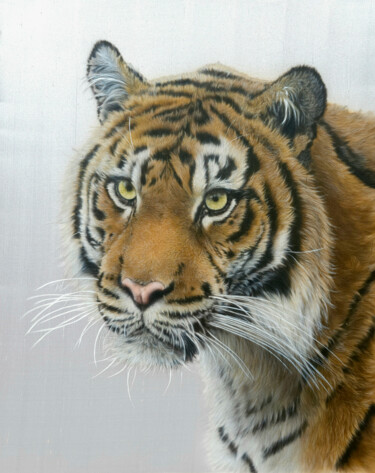 Glimmering gaze – Hyper realistic tiger portrait painted on 绘画 标题为“Glimmering gaze – H…” 由Olga Belova, 原创艺术品, 颜料