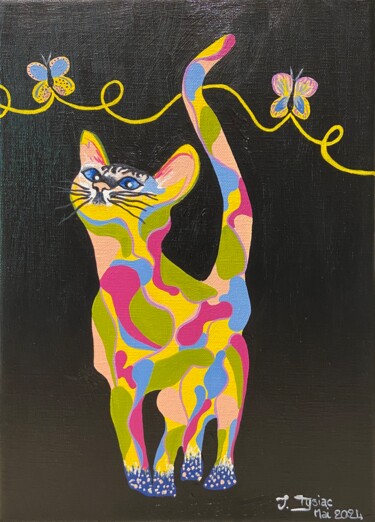 Peinture intitulée "Chat aux papillons" par Isabelle Tysiac, Œuvre d'art originale, Acrylique Monté sur Châssis en bois