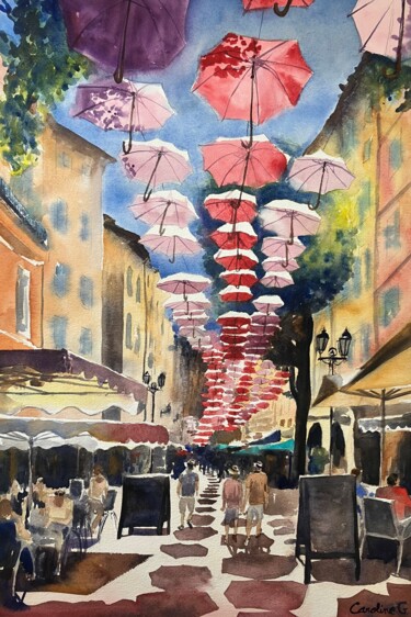 Promenade dans les ruelles de Grasse Pittura intitolato "Promenade dans les…" da Caroline Guizouarn, Opera d'arte originale, Acquarello