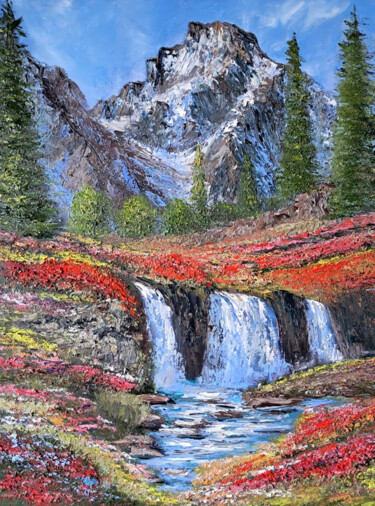 Painting titled "Mountain awakening" by Maria Galan, Original Artwork, Oil Mounted on Wood Stretcher frame