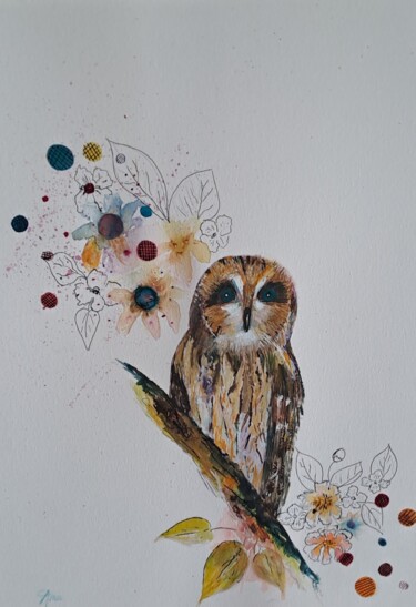 Painting titled "La chouette" by Anita Altomare Moronval, Original Artwork, Watercolor