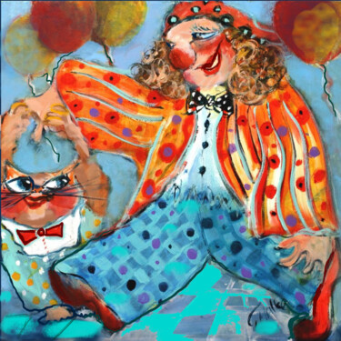 제목이 "Clown with Cat"인 미술작품 Malka Tsentsiper로, 원작, 디지털 인쇄 나무 들것 프레임에 장착됨