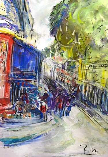 「Café au coin avec c…」というタイトルの絵画 Regine Blotによって, オリジナルのアートワーク, アクリル ウッドパネルにマウント