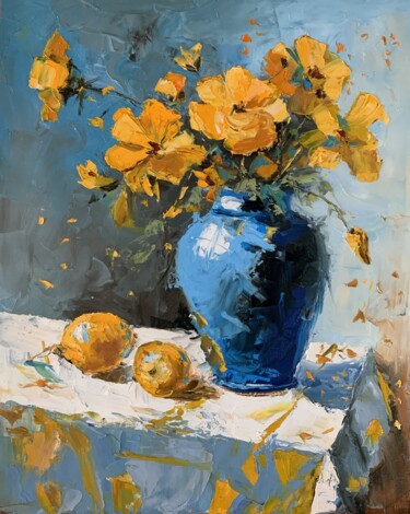 Yellow wild flowers in a blue vase and lemons 绘画 标题为“Yellow wild flowers…” 由Vita Schagen, 原创艺术品, 油 安装在木质担架架上