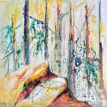 Painting titled "rochers en sous-bois" by Barbara Lavenda, Original Artwork, Oil Mounted on Wood Stretcher frame