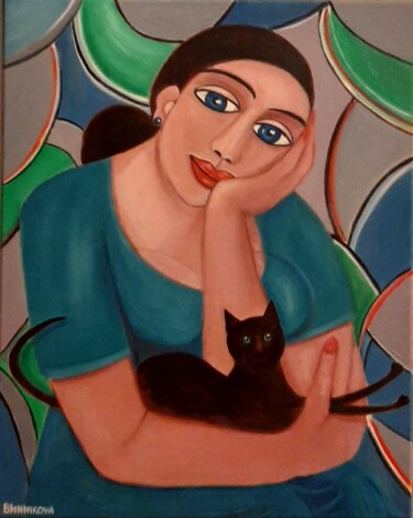 绘画 标题为“Mulher com um gato…” 由Olena Blinnikova, 原创艺术品, 油 安装在木质担架架上