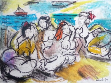 Disegno intitolato "Le bain de soleil" da Laudu, Opera d'arte originale, Pastello