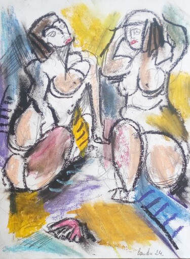 Disegno intitolato "Le bain de soleil 2" da Laudu, Opera d'arte originale, Pastello