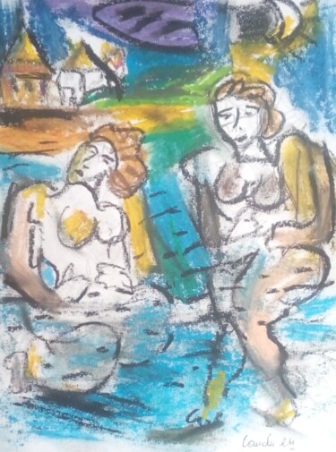 Disegno intitolato "Le bain de minuit 3" da Laudu, Opera d'arte originale, Pastello