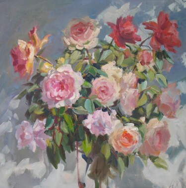 Painting titled "Букет роз" by Nadia Hramova, Original Artwork, Oil Mounted on Wood Stretcher frame