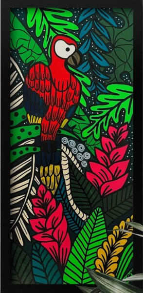 제목이 "Happy parrot in tro…"인 미술작품 Sapna Corbisiero로, 원작, 아크릴 나무 들것 프레임에 장착됨