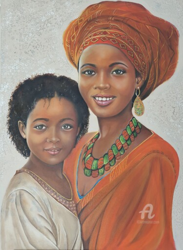 Painting titled ""Mère et fille"" by Nelly Larue, Original Artwork, Oil Mounted on Wood Stretcher frame